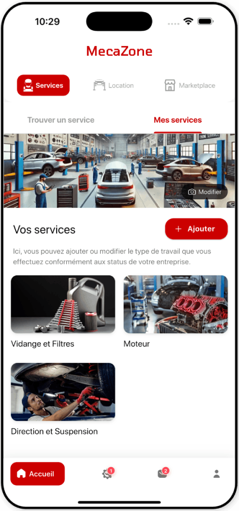 Screenshot: Ajouter services pour un Pro